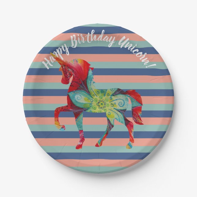 Unicorn and Stripes Birthday Paper Plates (Front)