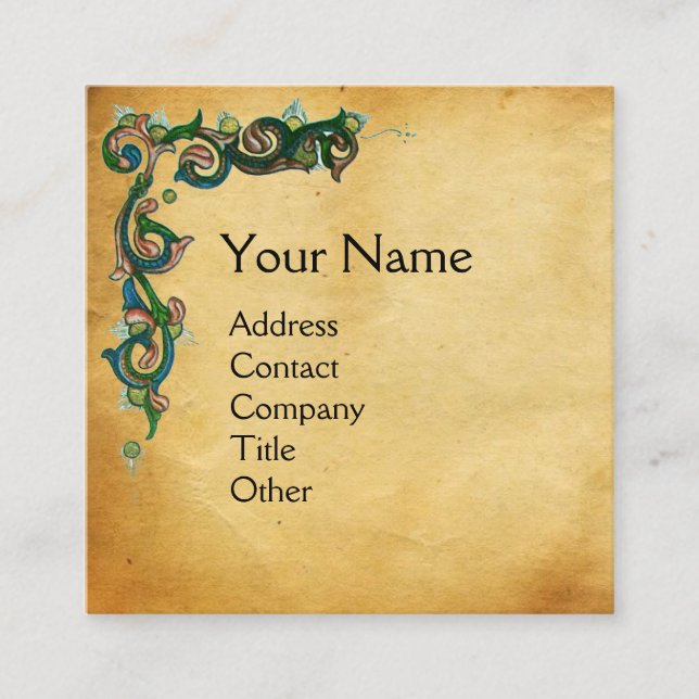 UNICORN /Antique Floral Brown Parchment Monogram Square Business Card (Front)