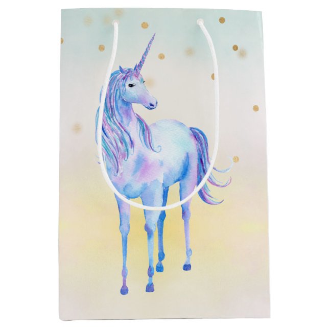 Unicorn Aqua Pink Yellow Tie Dye Gold Confetti Medium Gift Bag (Front)