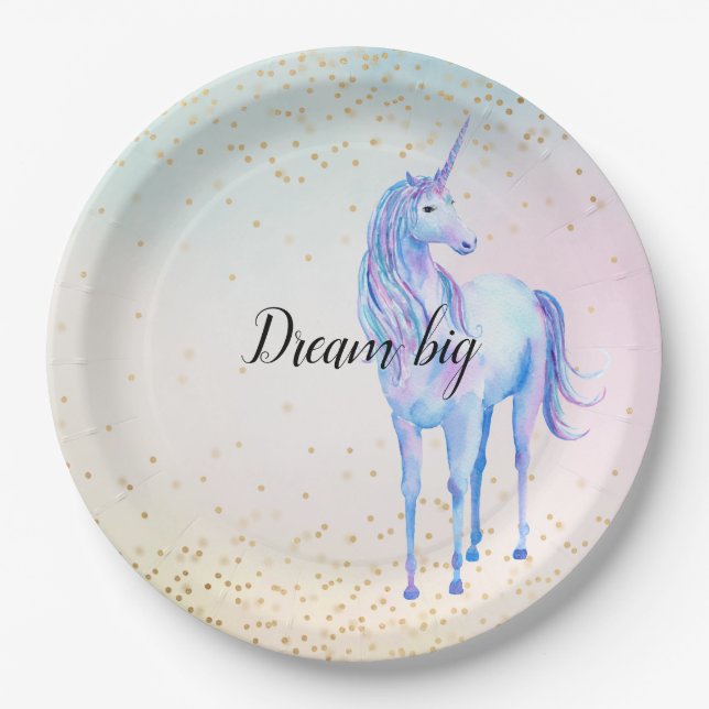 Unicorn Aqua Pink Yellow Tie Dye Gold Confetti Paper Plate (Front)