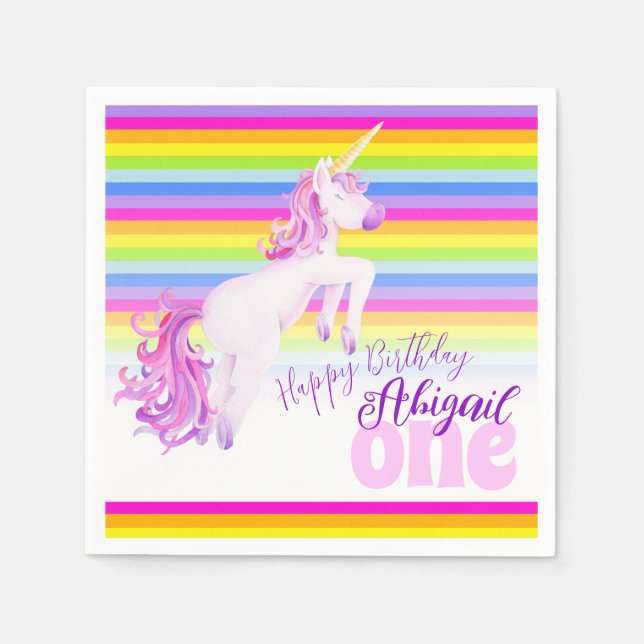 Unicorn art rainbow 1st birthday named napkins (Front)