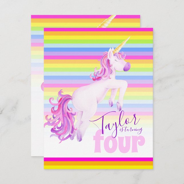 Unicorn art rainbow 4th birthday invitations (Front/Back)