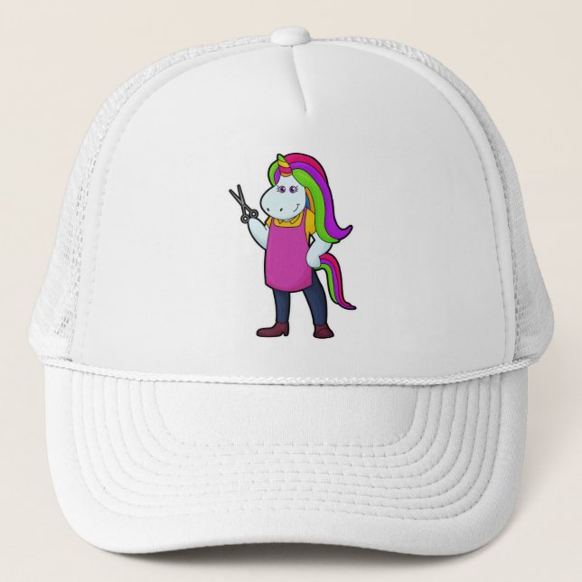 Unicorn as Hairdresser with Scissors Trucker Hat (Front)