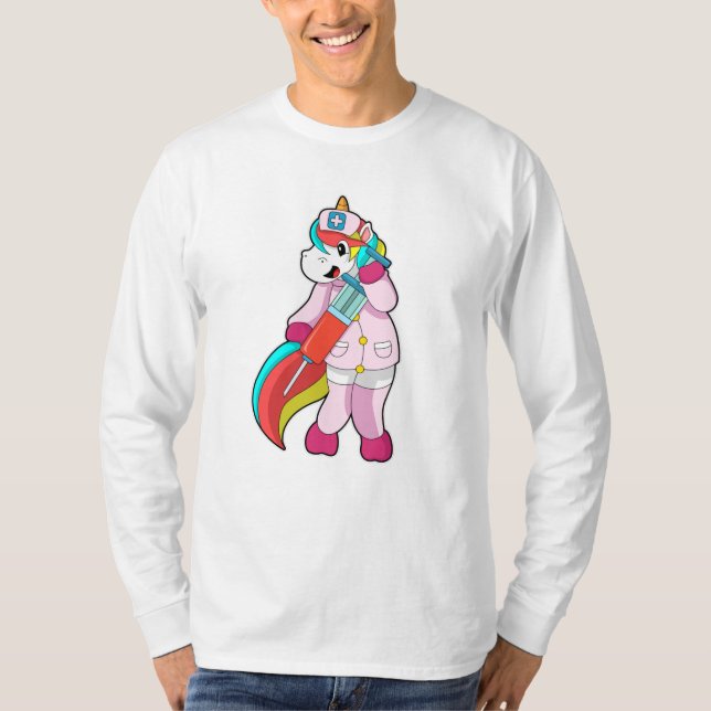 Unicorn as Nurse at Vaccination & Syringe T-Shirt (Front)