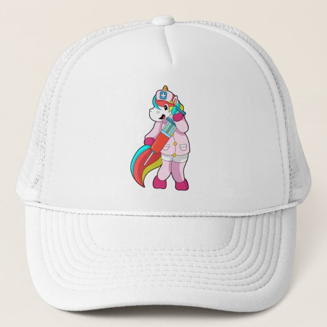 Unicorn as Nurse at Vaccination & Syringe Trucker Hat (Front)