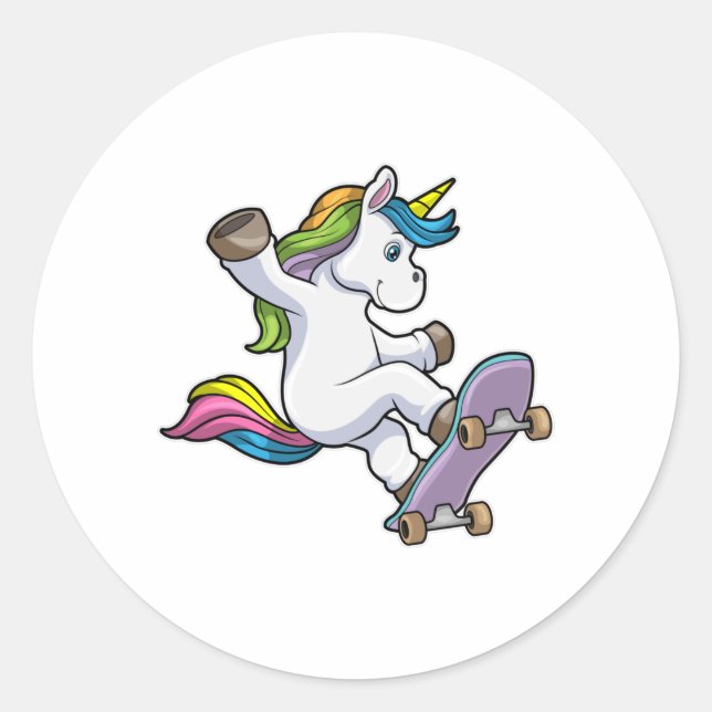 Unicorn as Skater with Skateboard Classic Round Sticker (Front)