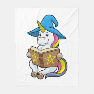 Unicorn as Wizard with Book & Hat Fleece Blanket
