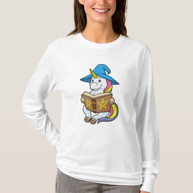 Unicorn as Wizard with Book & Hat T-Shirt (Front)