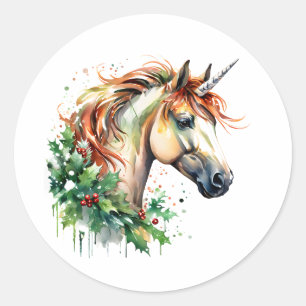 Unicorn at Christmas Classic Round Sticker