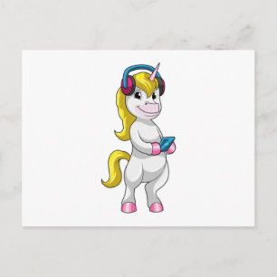 Unicorn at Listen to Music with Headphone Postcard