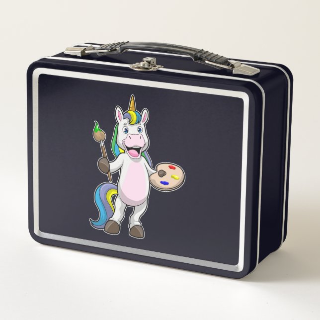 Unicorn at Painting with Brush & Colour Metal Lunch Box (Front)
