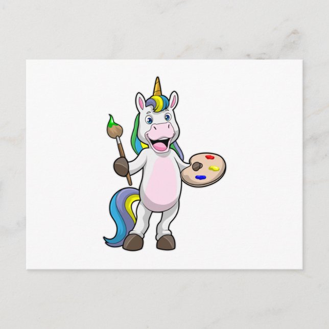 Unicorn at Painting with Brush & Colour Postcard (Front)