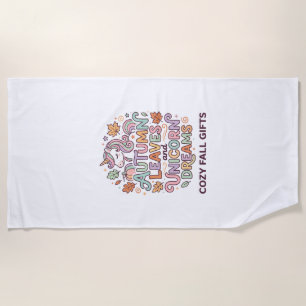 Unicorn Autumn Leaves and Unicorn Dreams Bold Typo Beach Towel