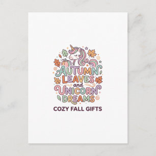 Unicorn Autumn Leaves and Unicorn Dreams Bold Typo Postcard