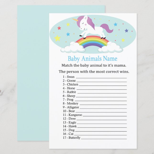 Unicorn Baby Animals Name Game (Front/Back)