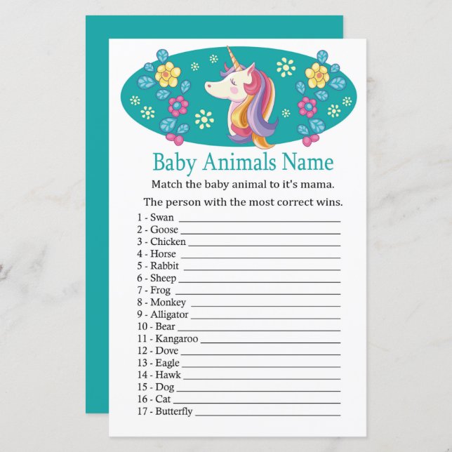 Unicorn Baby Animals Name Game (Front/Back)