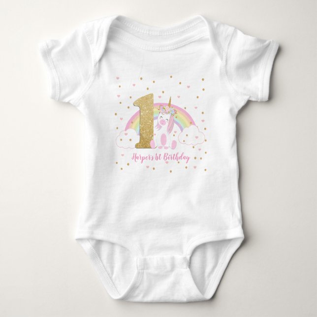 Unicorn Baby Girl Bodysuit One Piece 1st Birthday (Front)