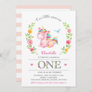 Unicorn Baby Girl Floral 1st First Birthday Party Invitation