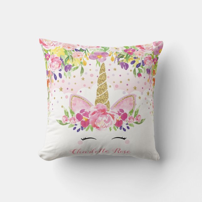 Unicorn Baby Girl Nursery Decor Floral Rainbow Cushion (Front)