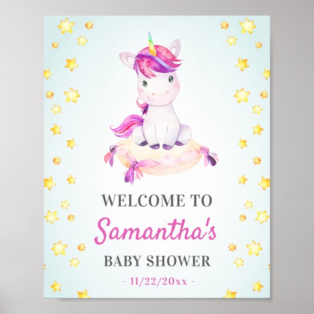 Unicorn Baby Girl Shower Sprinkle Party Welcome Poster (Front)