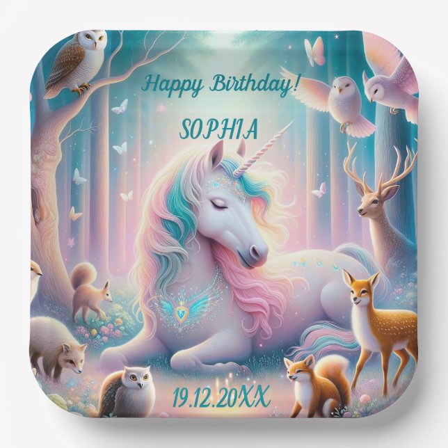  Unicorn, Baby/ Kids, Birthday  Custom Name/ DOB Paper Plate (Front)