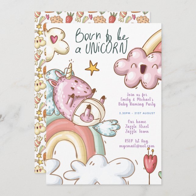 Unicorn Baby Naming Party - Boy Girl Gender Reveal Invitation (Front/Back)