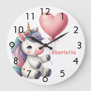 Unicorn baby pink purple girl large clock