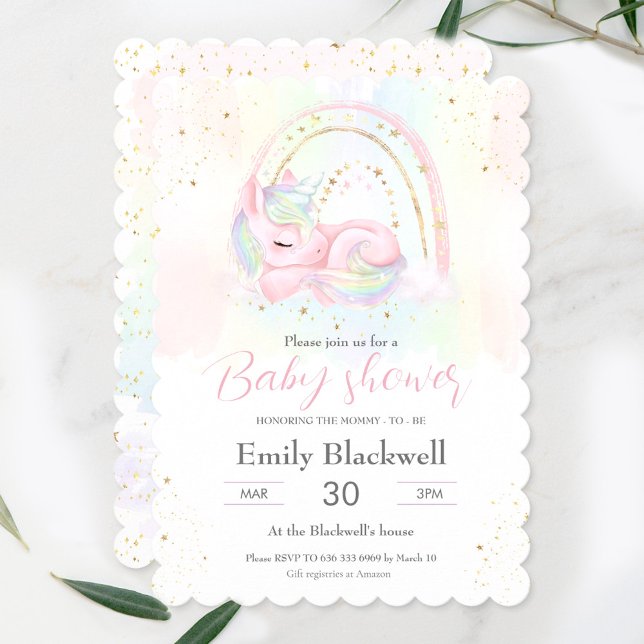 Unicorn baby shower baby girl shower invitation (Baby shower invitation with a cute pastel unicorn and rainbow)