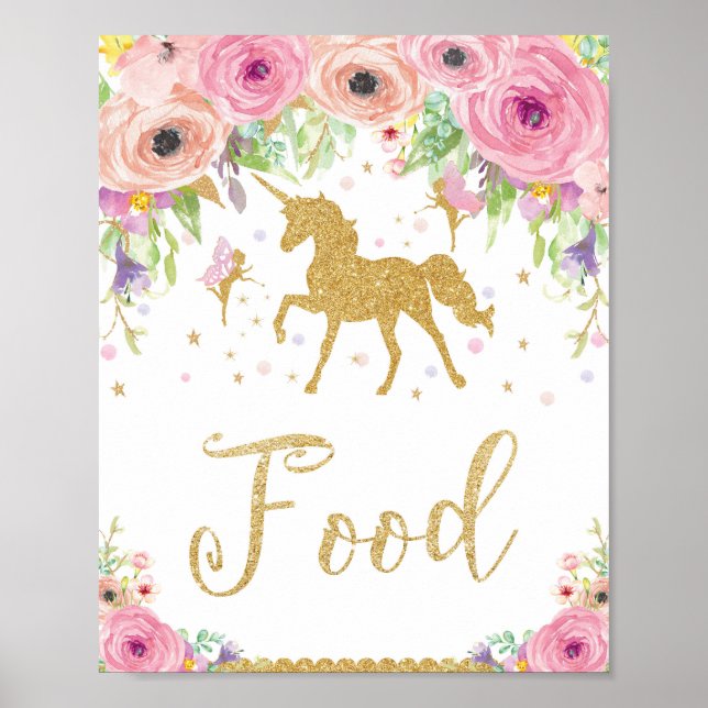Unicorn Baby Shower Birthday Food Fairy Floral Poster (Front)
