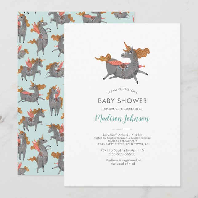 Unicorn | Baby Shower | Blue | Invitation (Front/Back)