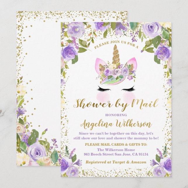 Unicorn Baby Shower By Mail Gold Purple Floral Invitation (Front/Back)