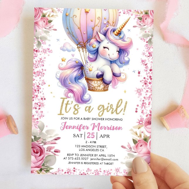 Unicorn Baby Shower Girl Pink Floral Balloon Invitation (Creator Uploaded)