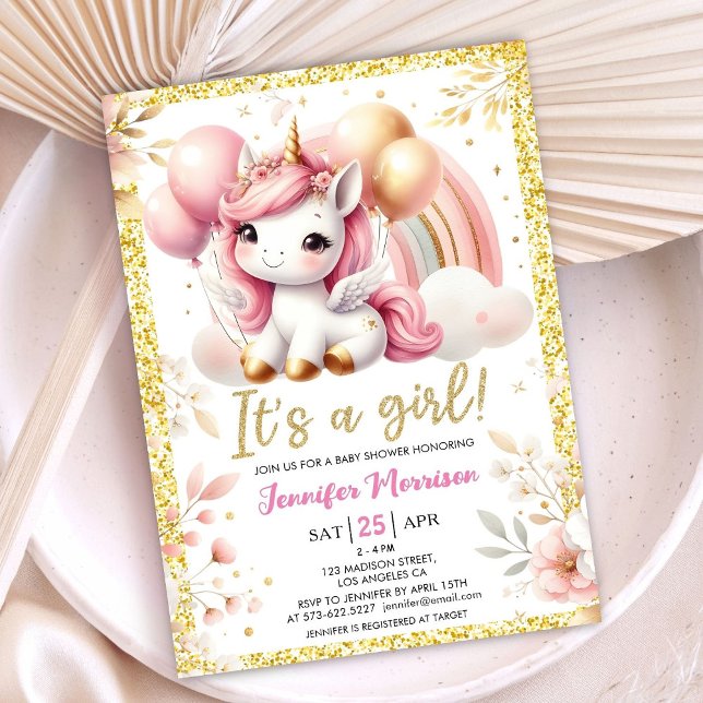 Unicorn Baby Shower Girl Pink Gold Balloon  Invitation (Creator Uploaded)