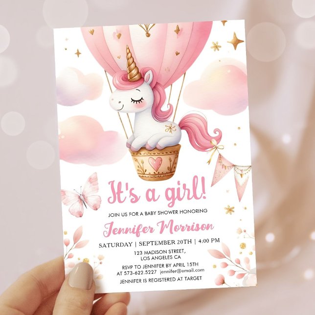 Unicorn Baby Shower Girl Pink Hot Air Balloon   Invitation (Creator Uploaded)
