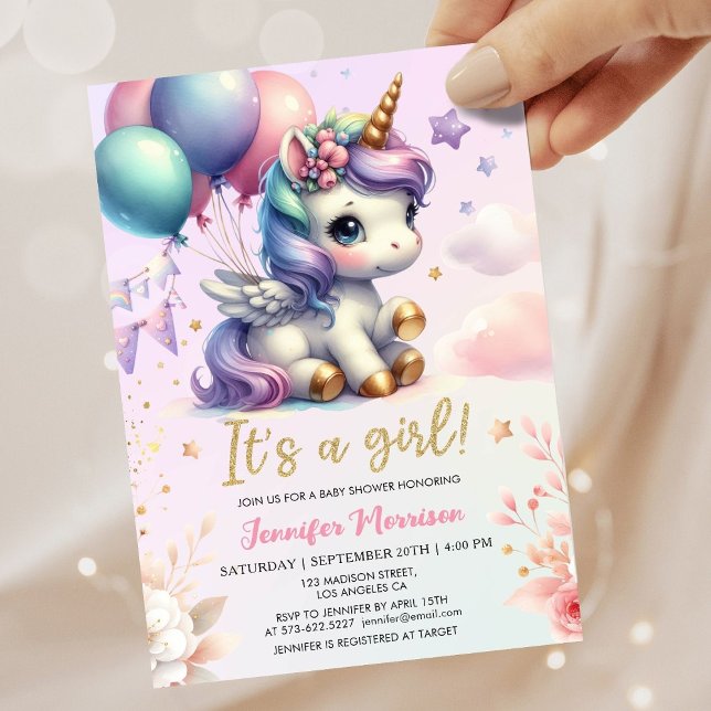 Unicorn Baby Shower Girl Pink Purple Balloons Invitation (Creator Uploaded)