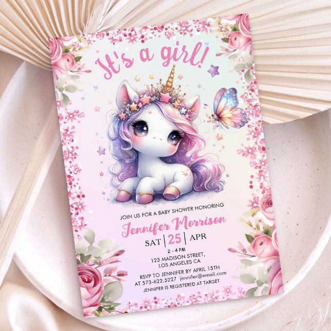 Unicorn Baby Shower Girl Pink Purple Floral Cute  Invitation (Creator Uploaded)
