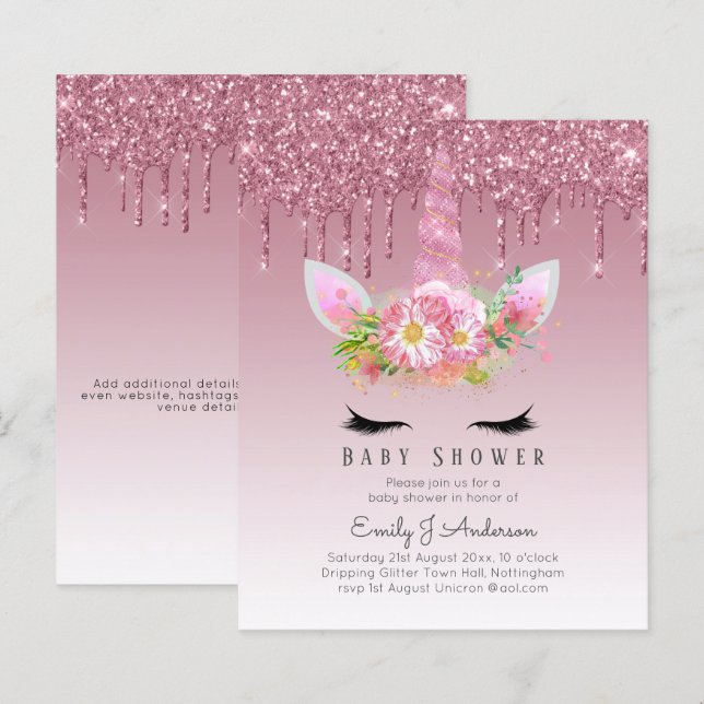 Unicorn Baby Shower Invitation Pink Girls Cute (Front/Back)