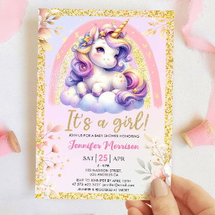 Unicorn Baby Shower It's a Girl Pink & Gold  Invitation