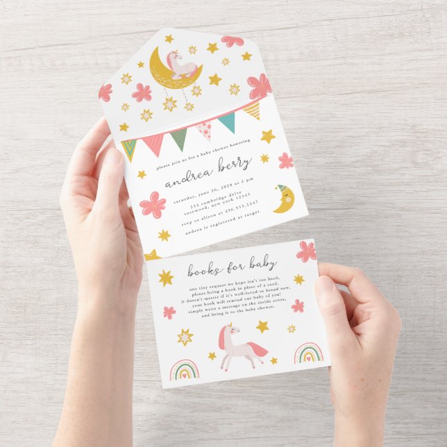 Unicorn Baby Shower Pink and Gold All In One Invitation (Tearaway)