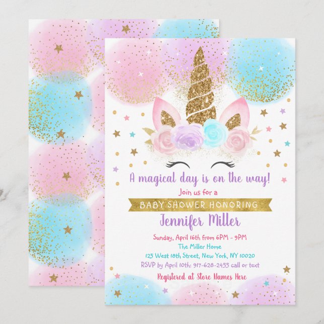Unicorn Baby Shower Pink Gold Rainbow Invitation (Front/Back)
