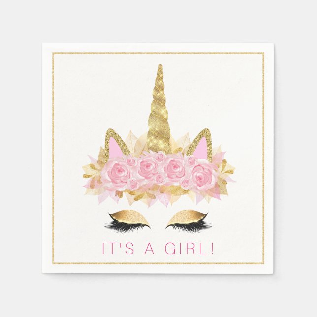 Unicorn Baby Shower Pink Gold Unicorn Face Napkins (Front)