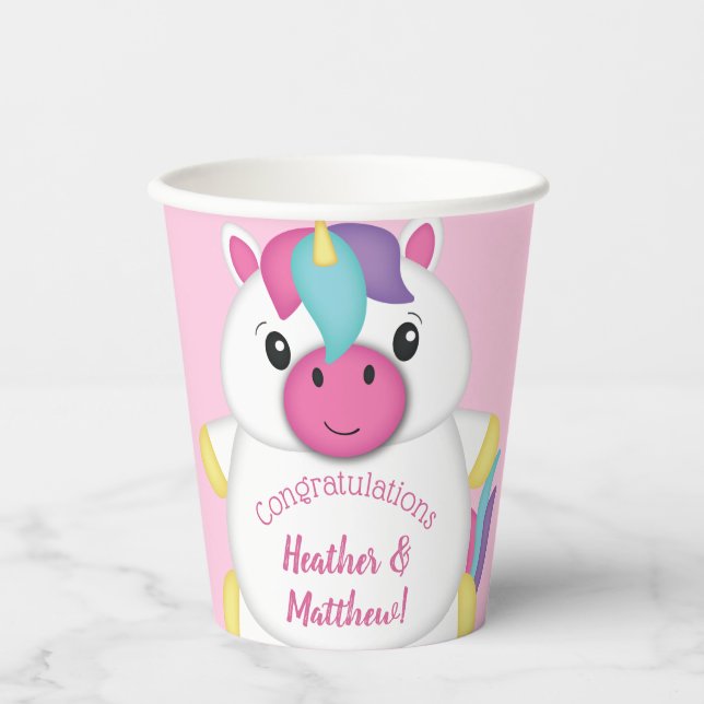 Unicorn Baby Shower Pink Paper Cups (Front)