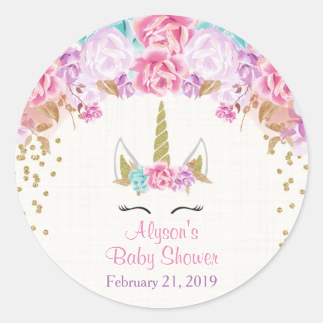 Unicorn baby shower stickers, pink and gold classic round sticker (Front)