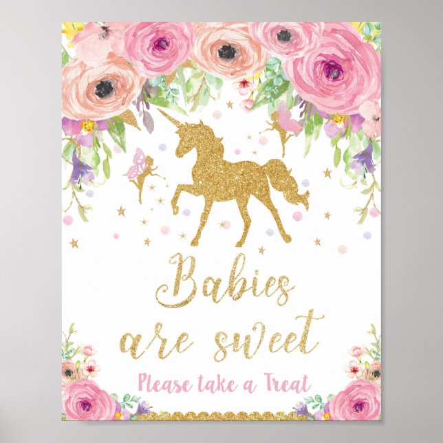 Unicorn Baby Shower Treat Favour Sign Poster Girl (Front)