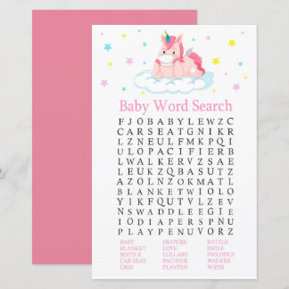 Unicorn Baby Shower Word Search Game
