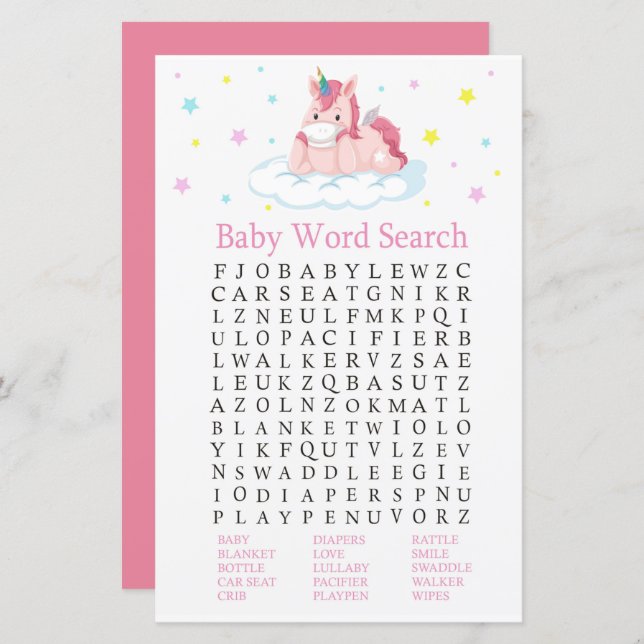 Unicorn Baby Shower Word Search Game (Front/Back)