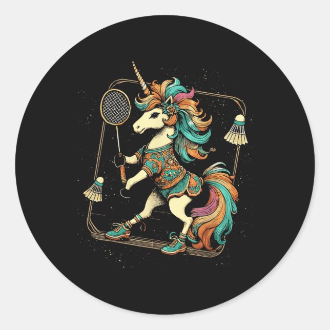 Unicorn Badminton Player Shuttle  Classic Round Sticker (Front)