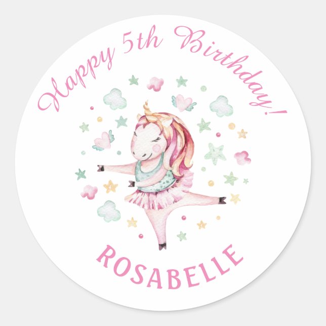 Unicorn Ballerina Girly PInk Birthday Party Classic Round Sticker (Front)