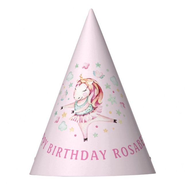 Unicorn Ballerina Girly PInk Birthday Party Hat (Front)