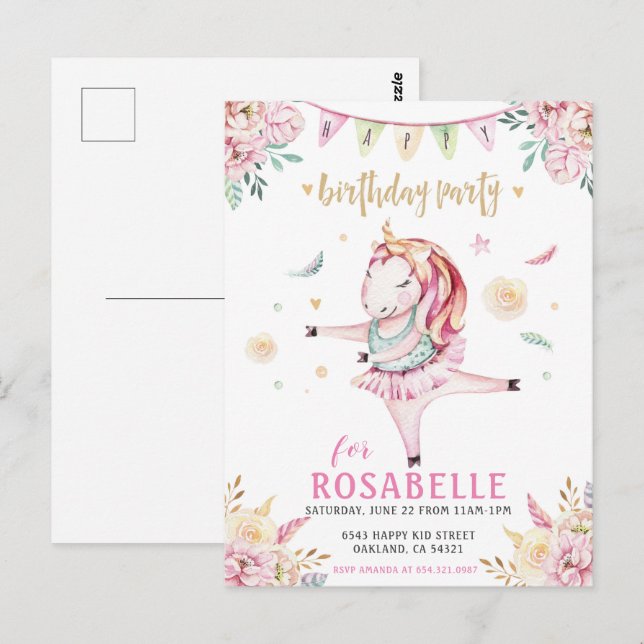 Unicorn Ballerina Pink Floral Birthday Invitation Postcard (Front/Back)
